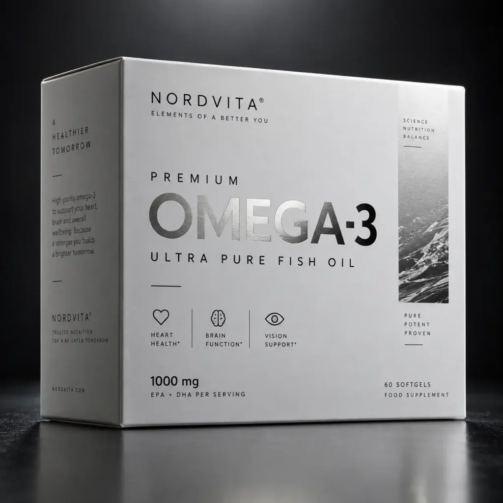Nordvita Premium Omega-3 Ultra Pure Fish Oil white supplement box, 1000mg EPA DHA, 60 softgels, minimalist packaging design