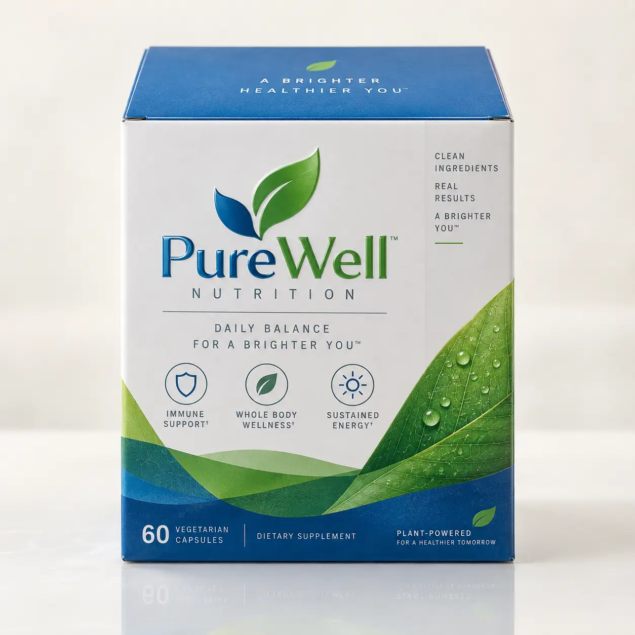 PureWell Nutrition Daily Balance dietary supplement box, 60 vegetarian capsules, blue and white packaging with green leaf logo