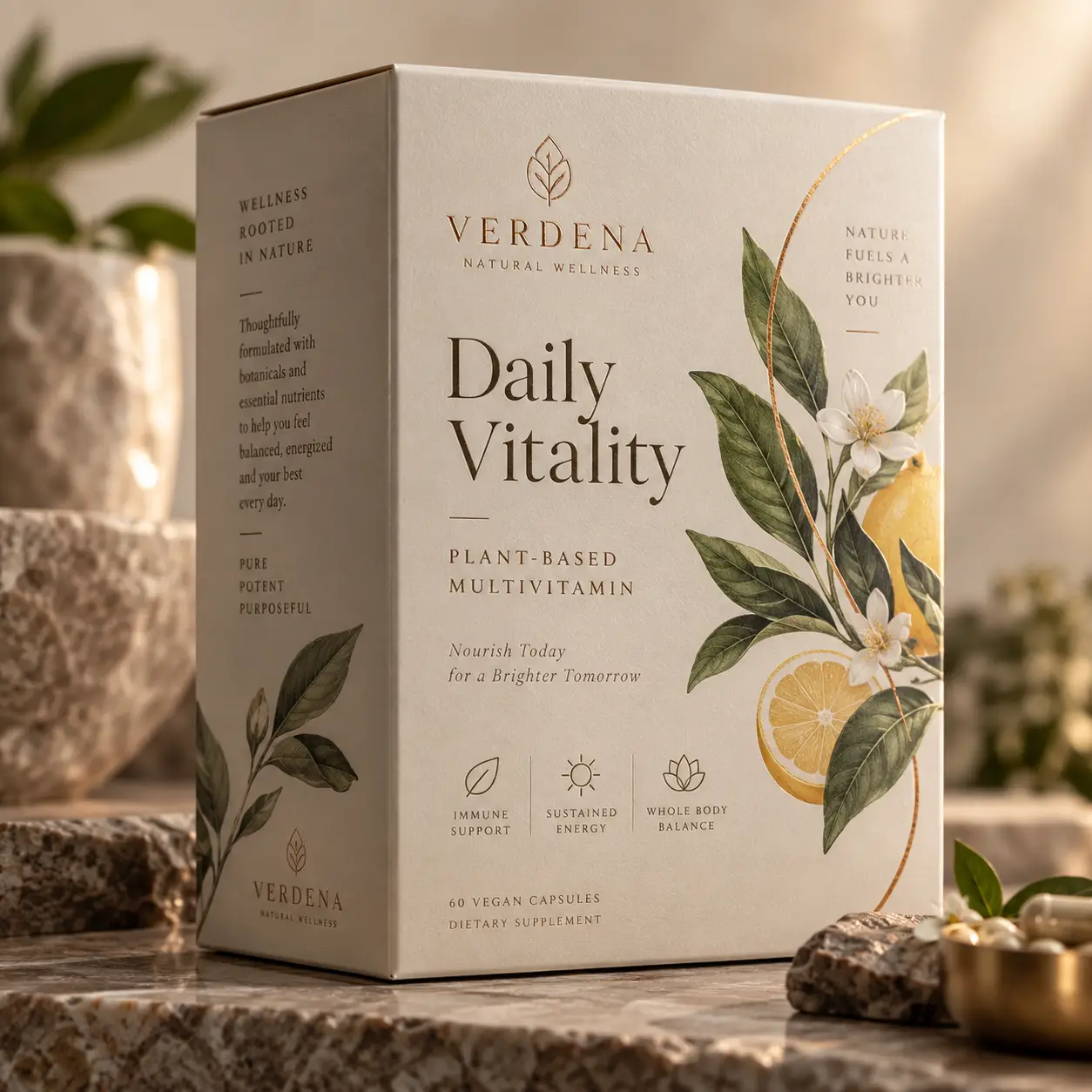 Verdena Daily Vitality plant-based multivitamin box, cream packaging with botanical lemon illustration, natural wellness supplement design