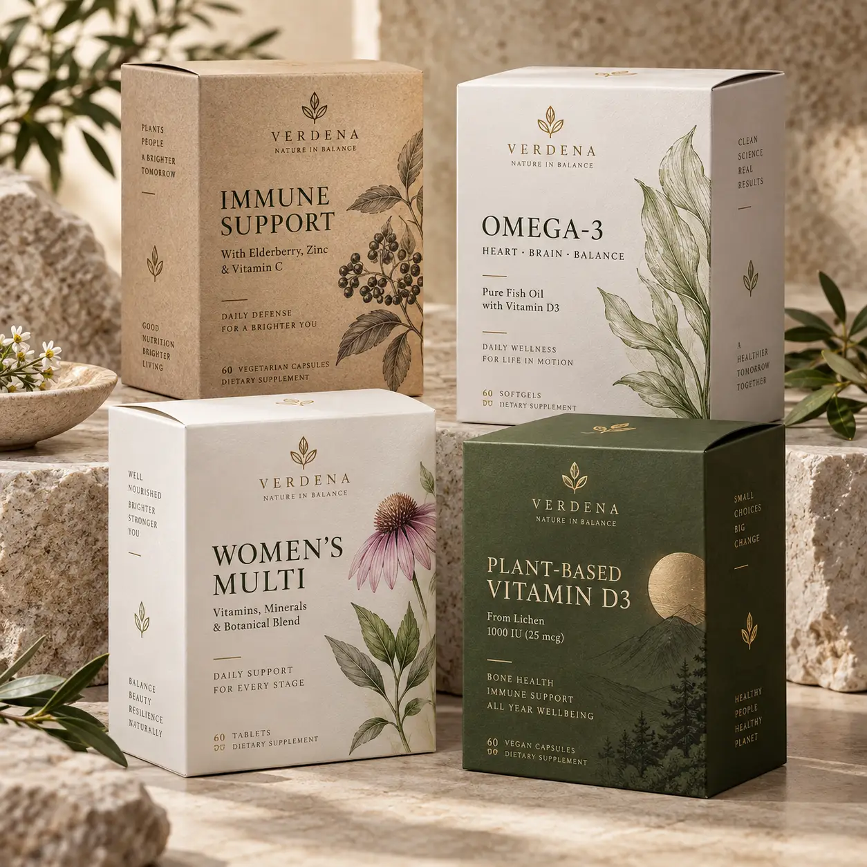 Four Verdena Nature in Balance supplement boxes on stone surface: Immune Support, Omega-3, Women's Multi, Plant-Based Vitamin D3