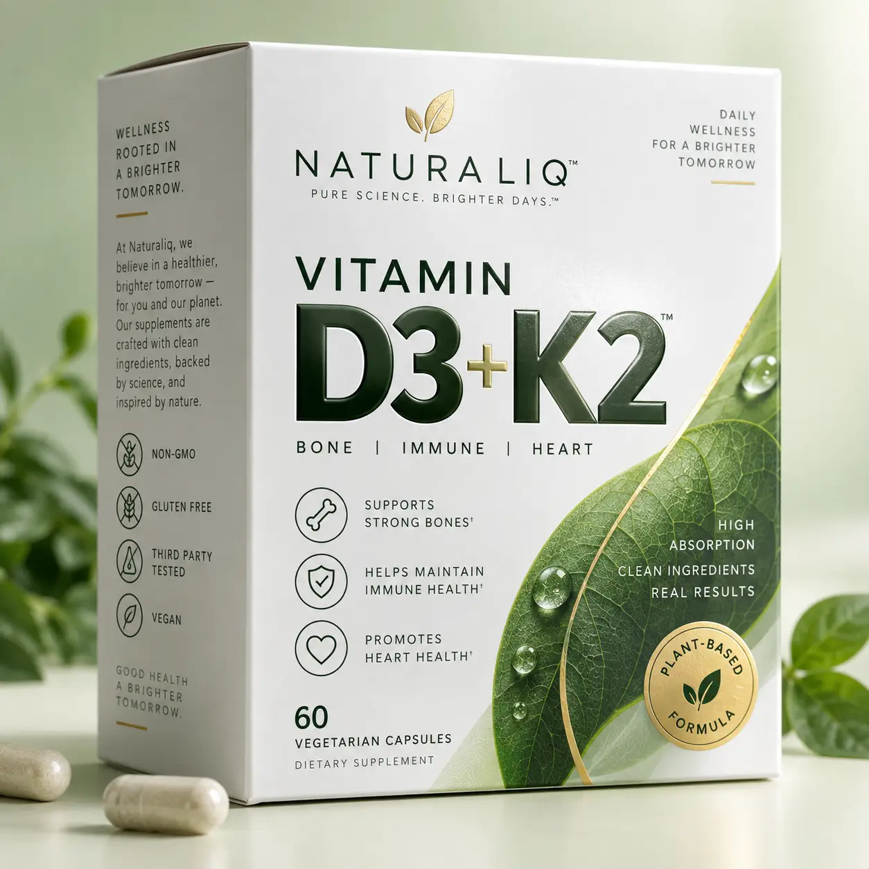 NaturaLiq Vitamin D3+K2 supplement box, white green gold packaging, 60 vegetarian capsules, bone immune heart health, plant-based formula