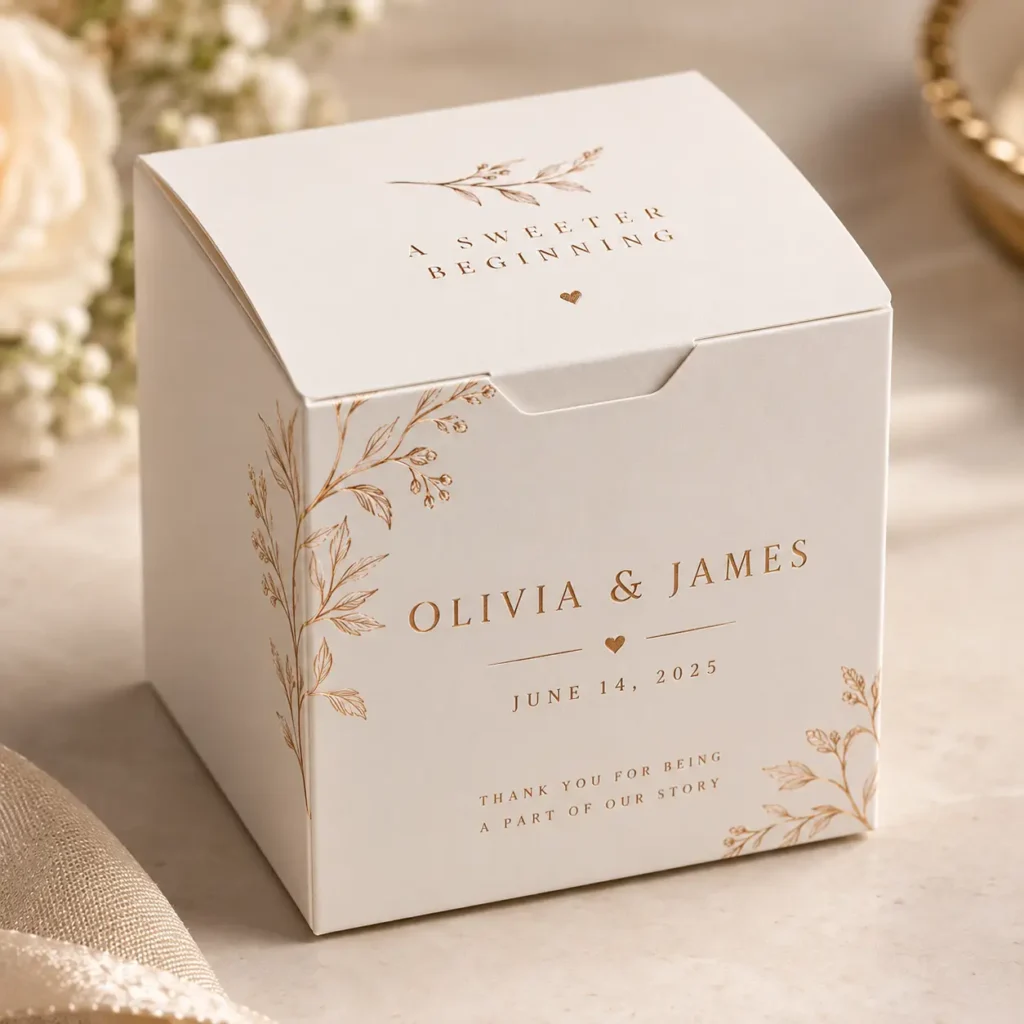 White gold floral wedding favor box with Olivia & James June 14 2025 personalized gift packaging by The Packaging Masters