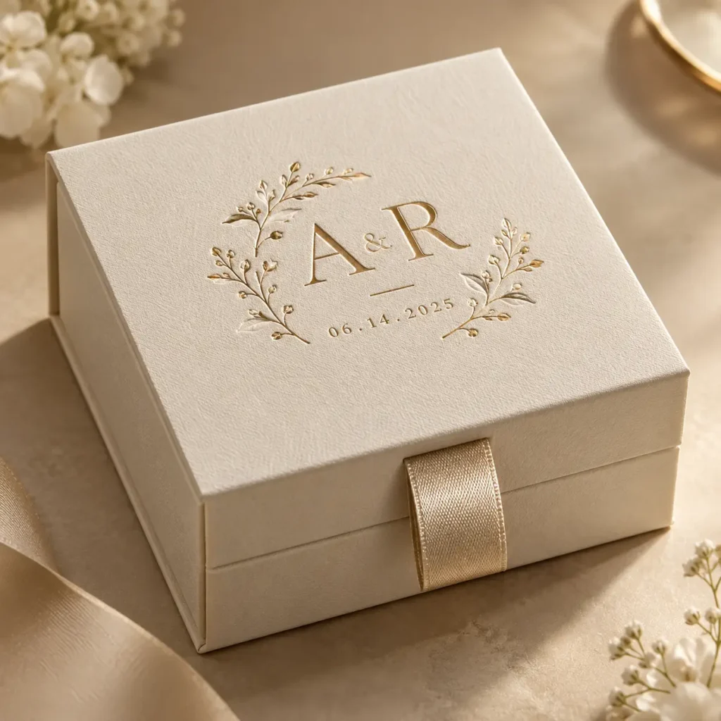 Ivory luxury wedding gift box with gold foil A&R monogram, floral wreath, date 06.14.2025, satin ribbon, elegant custom packaging