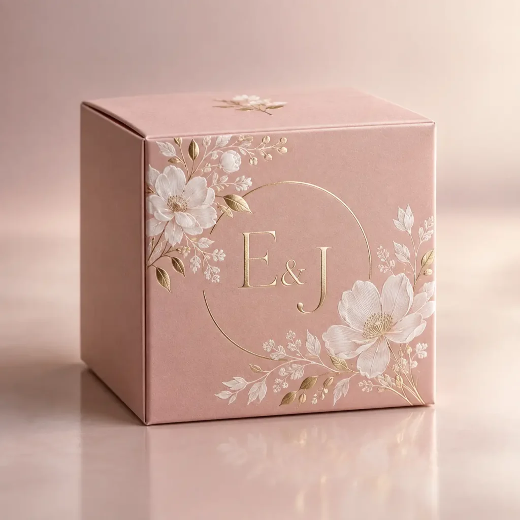 Blush pink custom wedding favor box with white floral design and gold E&J monogram, elegant bridal packaging by The Packaging Masters