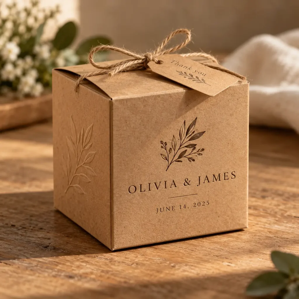 Rustic kraft paper wedding favor box personalized for Olivia & James, June 2025, tied with jute twine and thank you tag