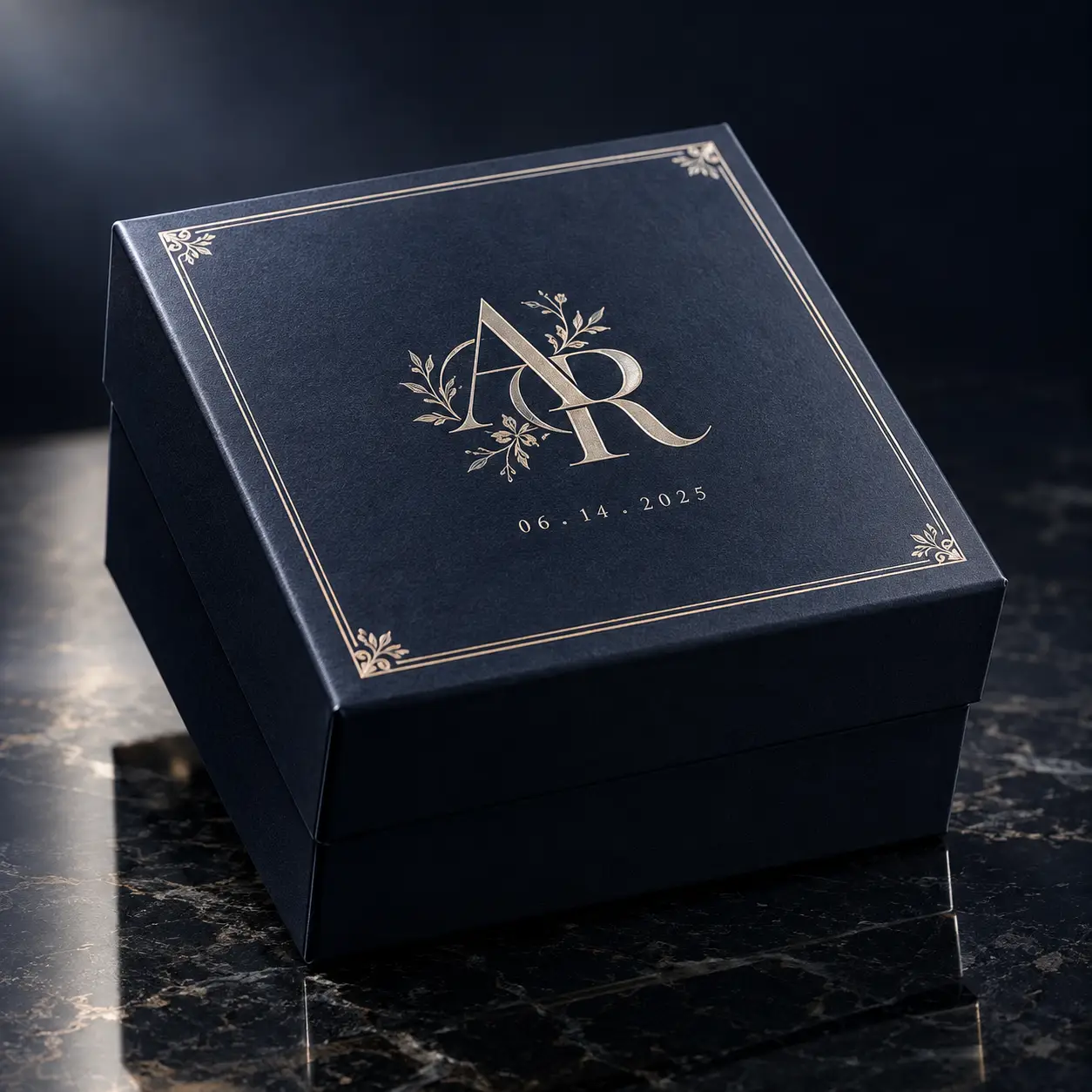 Navy blue luxury wedding gift box with gold foil monogram AR and date 06.14.2025, personalized custom packaging on marble surface