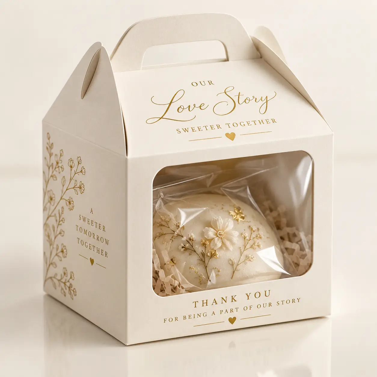Elegant ivory wedding favor gable box with gold floral print, clear window, Love Story script, holding white decorated cake ball