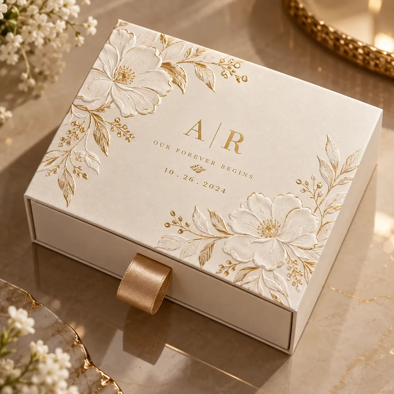 Elegant ivory gold foil embossed floral wedding gift box with A R monogram Our Forever Begins 10.26.2024 custom luxury packaging