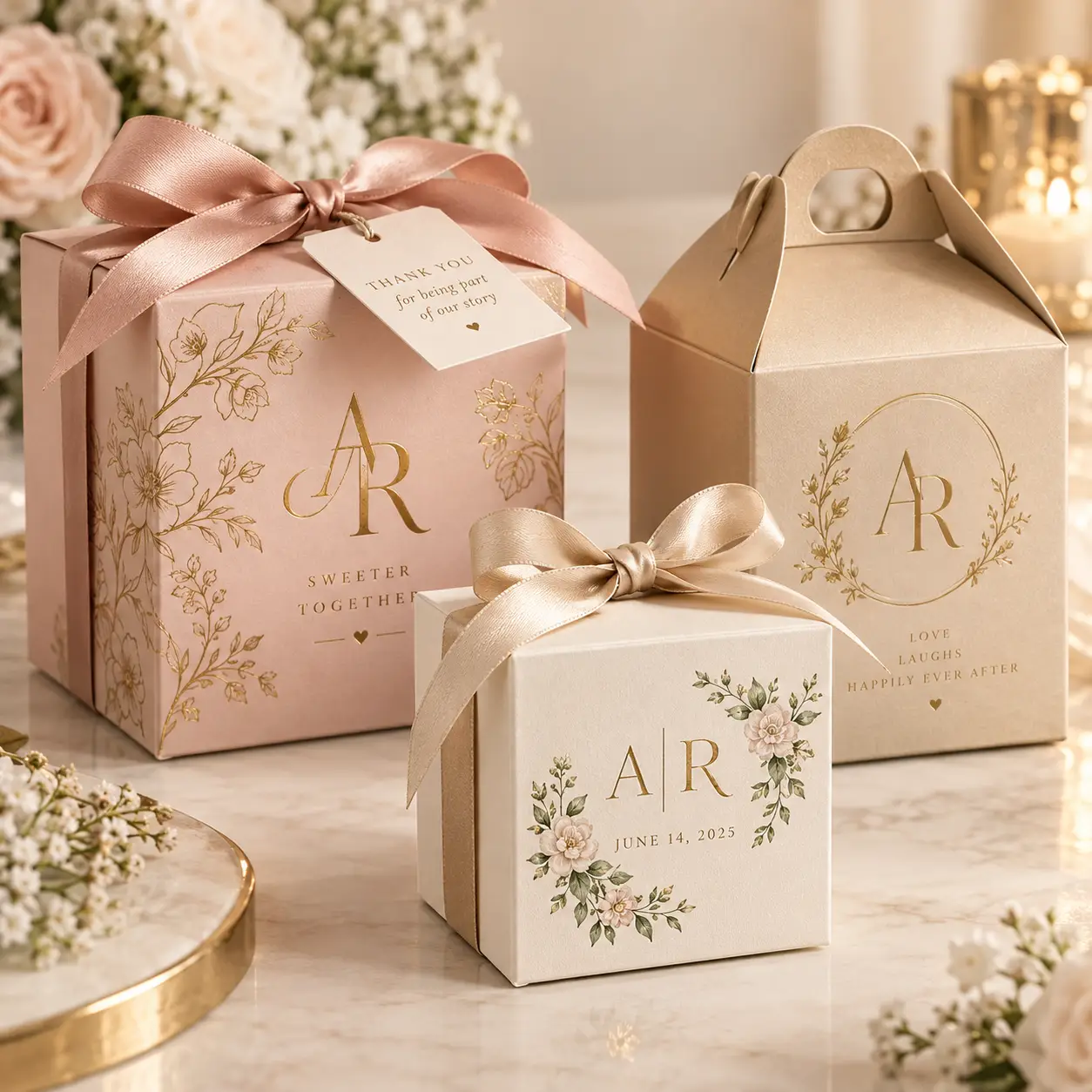 Three elegant custom wedding favor boxes in blush pink, cream, and gold with AR monogram, satin ribbons, and floral designs on marble