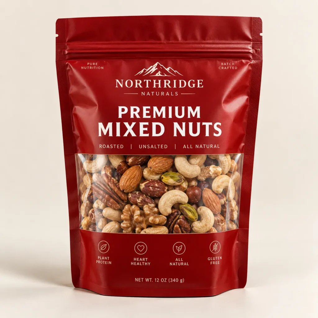 Red resealable bag of Northridge Naturals Premium Mixed Nuts, roasted unsalted, 12oz, gluten-free, heart-healthy snack packaging design