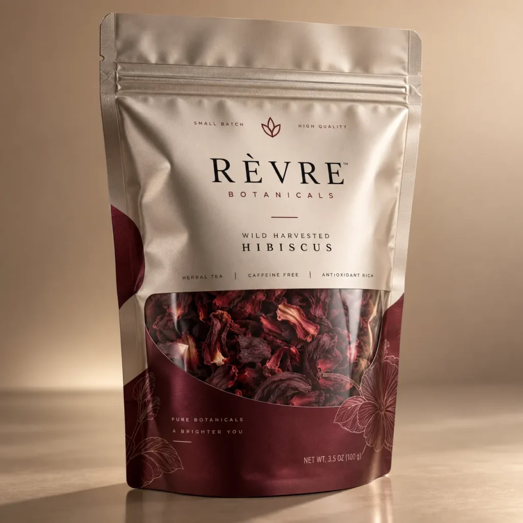 Rèvre Botanicals wild harvested hibiscus herbal tea packaging, burgundy and silver resealable pouch with dried flowers visible