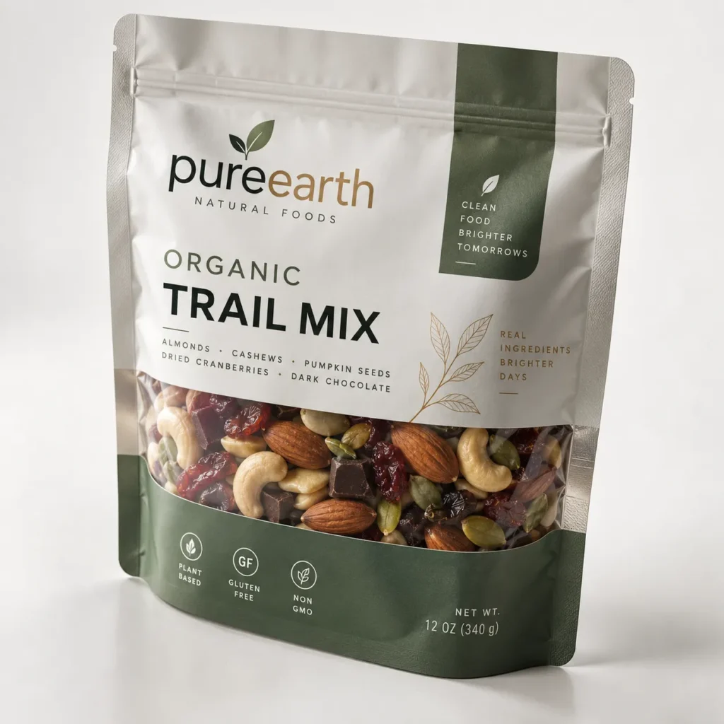 Pure Earth Natural Foods organic trail mix packaging, green resealable bag with almonds, cashews, pumpkin seeds, cranberries, dark chocolate