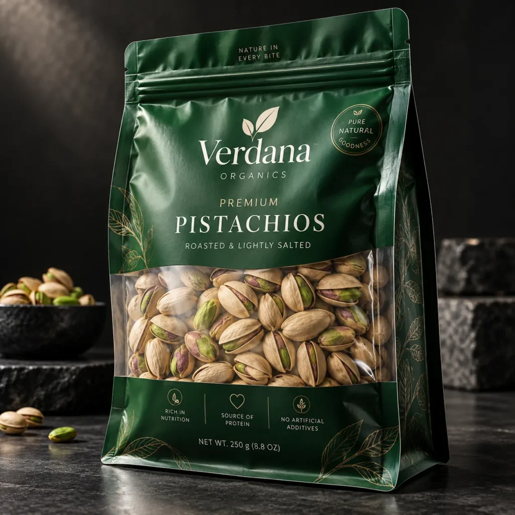 Green premium pistachio packaging bag by Verdana Organics, roasted salted nuts, clear window display, dark moody background, 250g