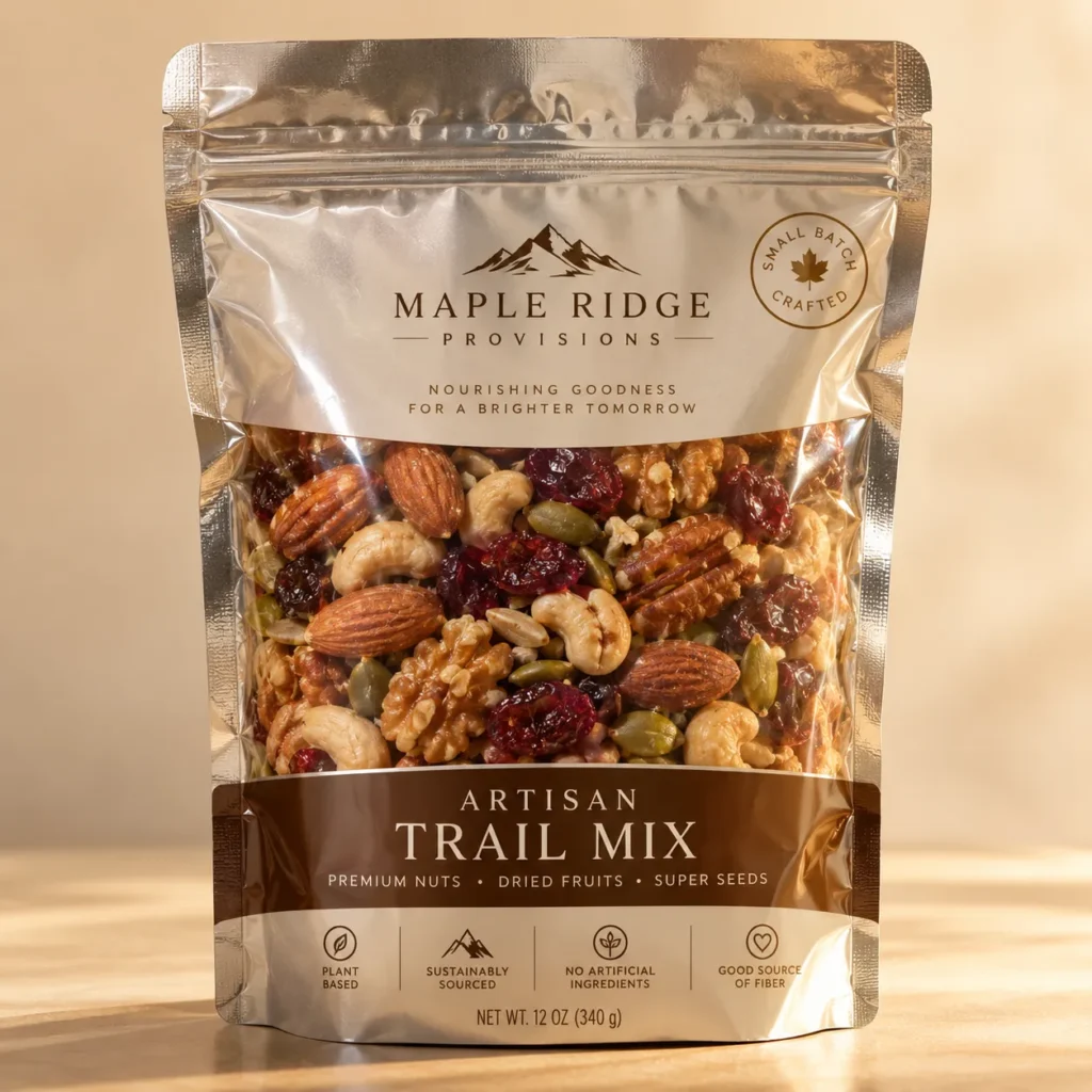 Maple Ridge Provisions Artisan Trail Mix 12oz silver resealable pouch with nuts, dried cranberries, and seeds on wooden surface