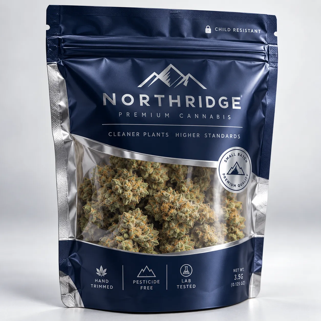 Navy blue Northridge Premium Cannabis 3.5g child-resistant mylar bag with clear window showing dried flower buds
