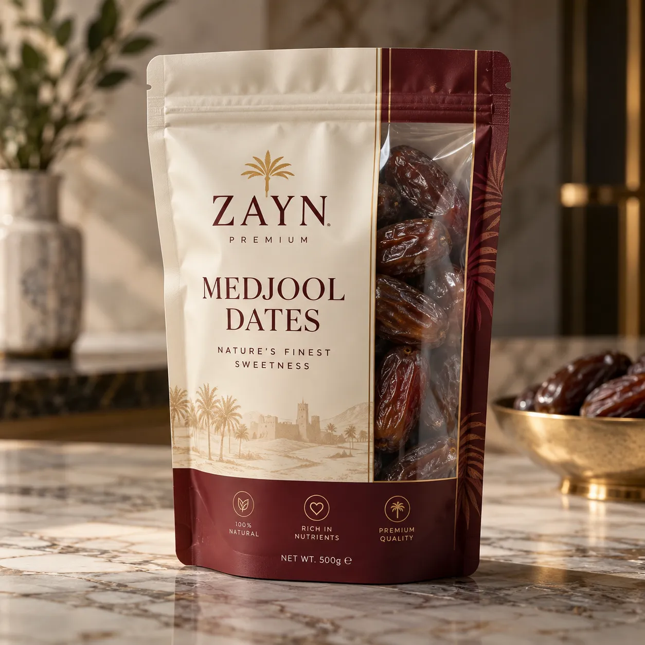 Zayn Premium Medjool Dates 500g cream burgundy resealable pouch on marble countertop with gold bowl luxury food packaging design