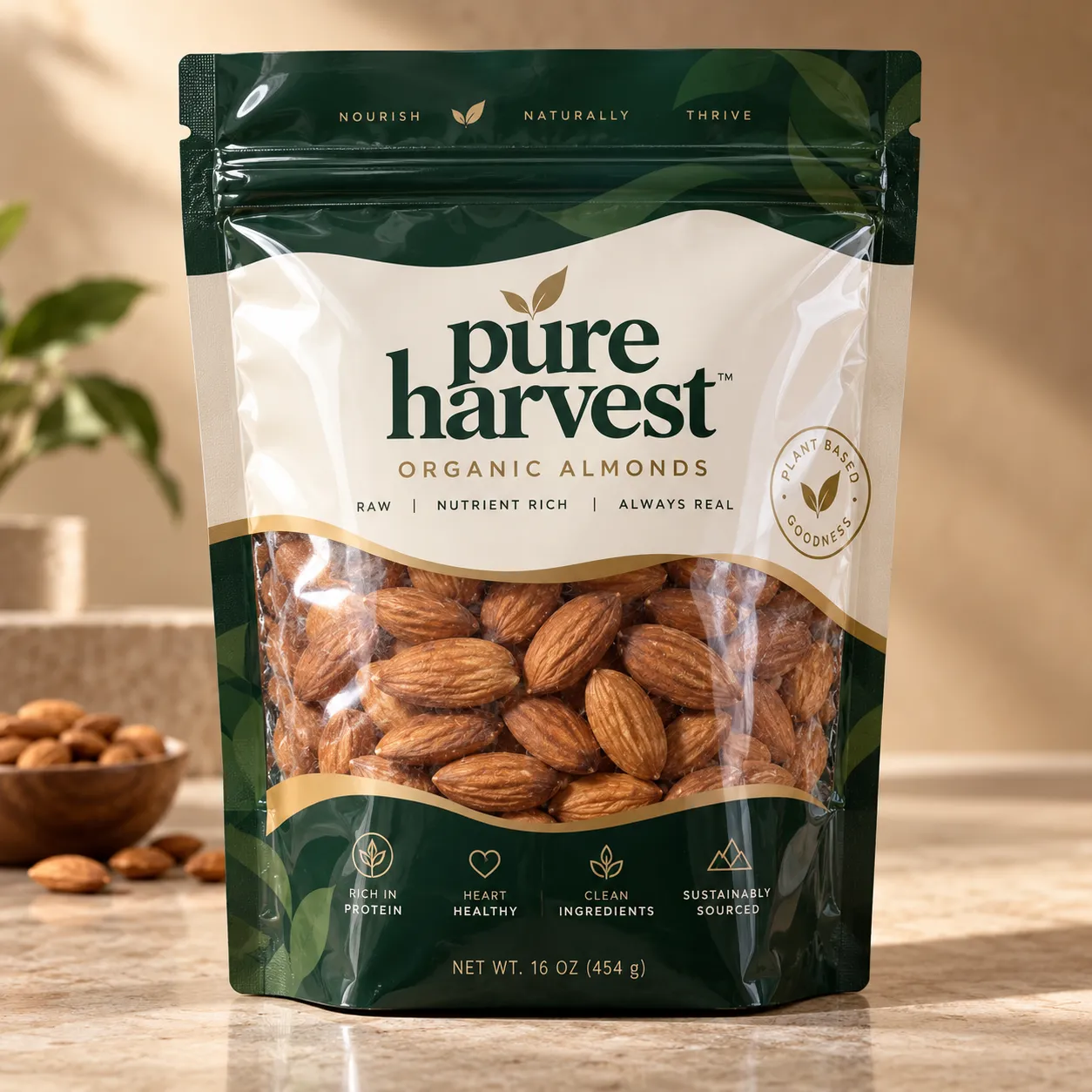 Pure Harvest organic almonds 16oz resealable green pouch with clear window showing raw almonds on marble surface