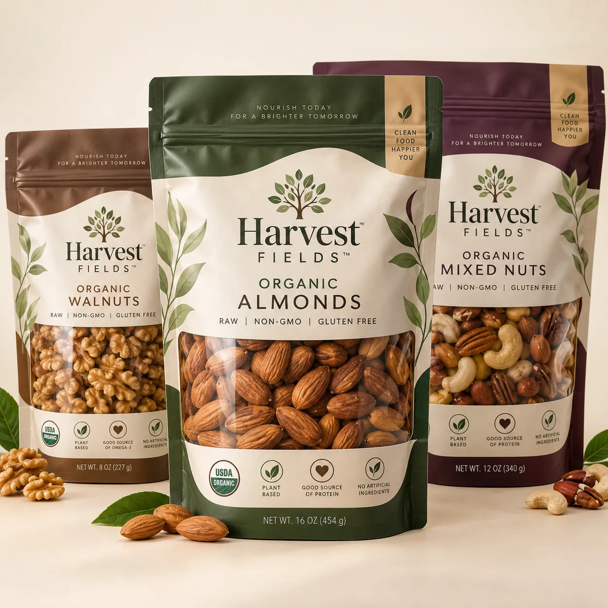 Three Harvest Fields organic nut packaging bags — almonds, walnuts, mixed nuts — USDA certified, raw, non-GMO, gluten-free