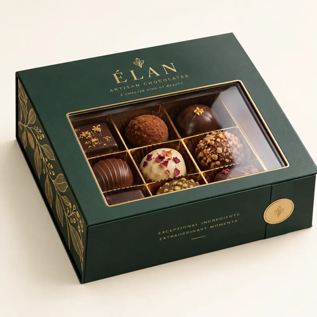Luxury green gold Élan Artisan Chocolates gift box with clear window displaying assorted premium truffles and pralines