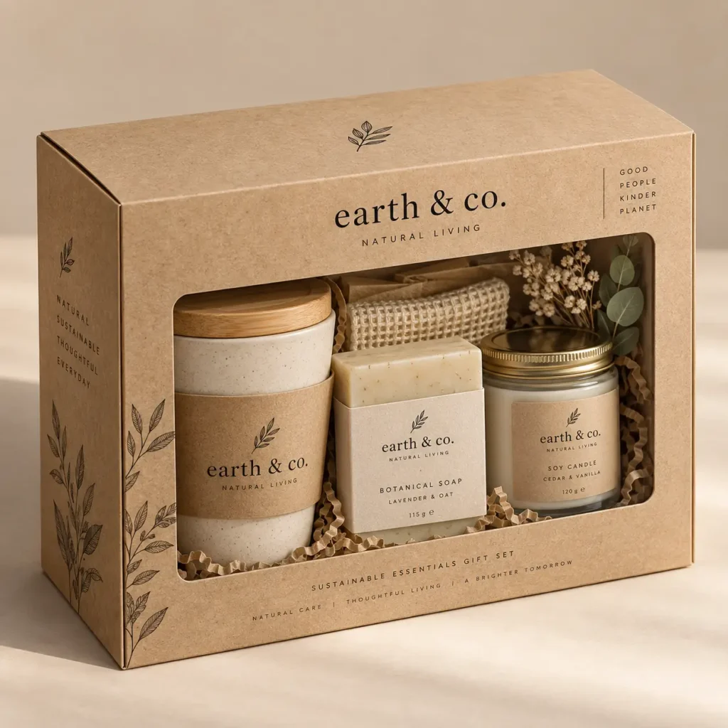 Earth & Co. natural living sustainable gift set box with botanical soap, soy candle, and ceramic cup in kraft packaging