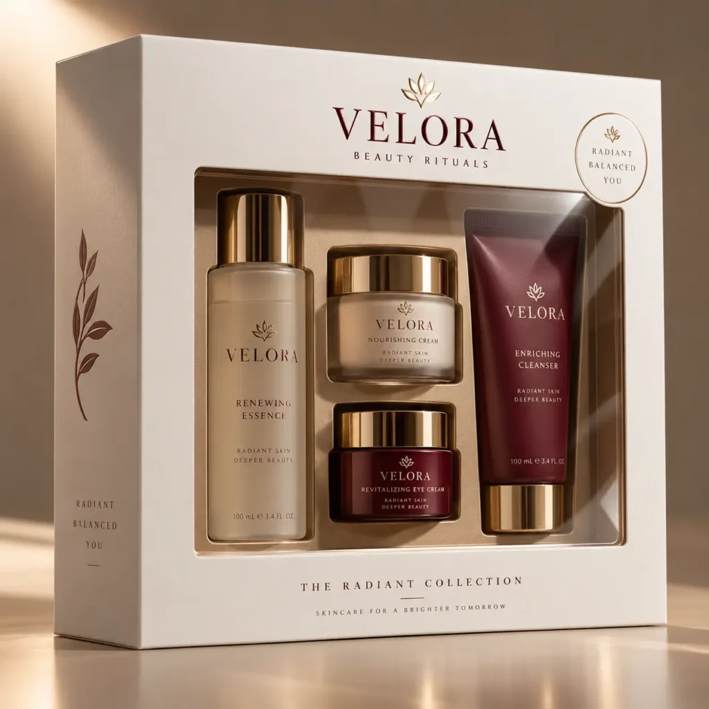 Velora Beauty Rituals Radiant Collection luxury skincare gift set box with essence, nourishing cream, eye cream, and cleanser