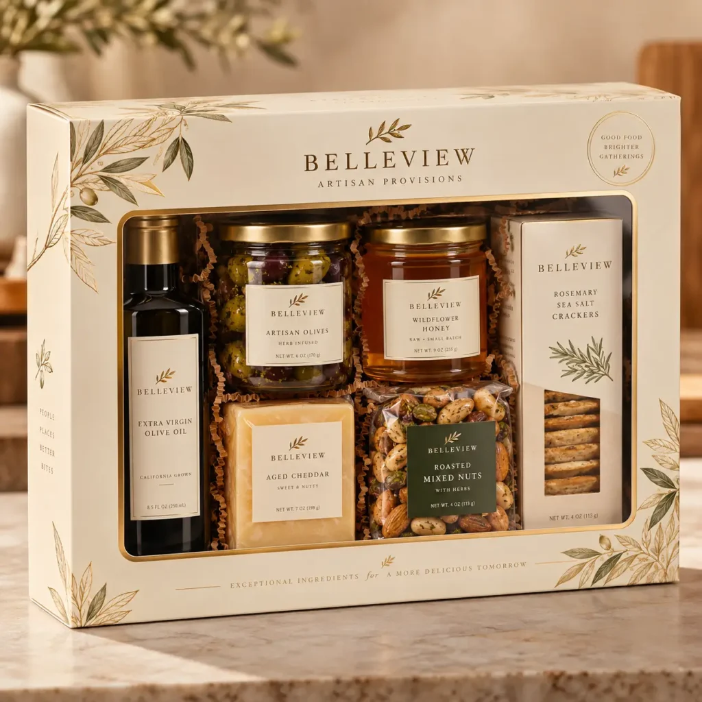 Belleview Artisan Provisions luxury gift box packaging with olive oil, honey, cheese, nuts, olives, and crackers on marble surface