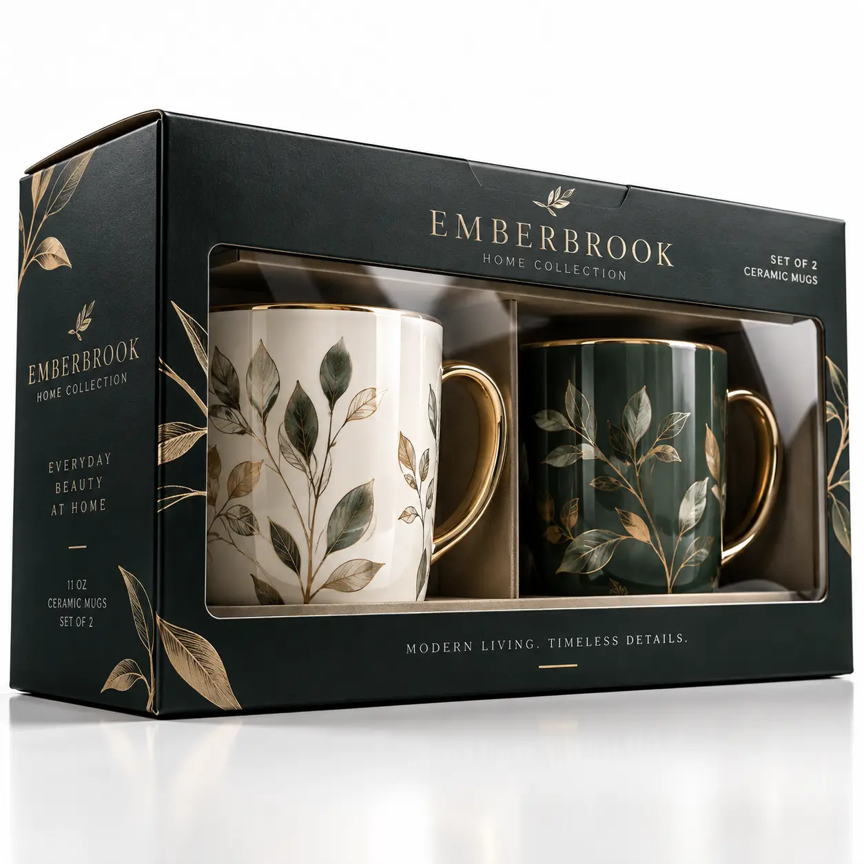 Emberbrook Home Collection set of 2 ceramic mugs gift box, ivory and dark green botanical leaf design with gold handles
