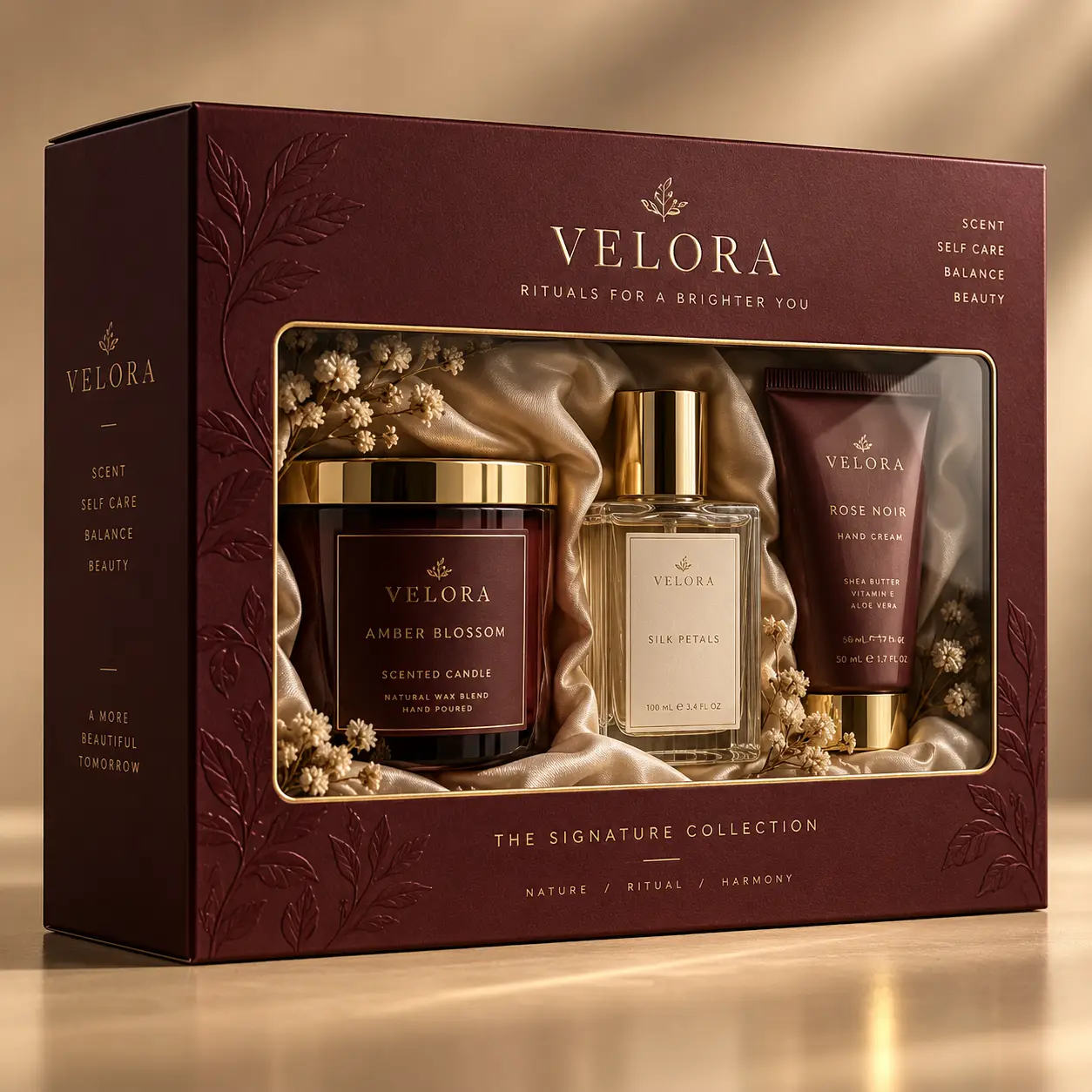 Velora luxury gift set packaging in deep burgundy and gold featuring Amber Blossom candle, Silk Petals perfume, Rose Noir hand cream