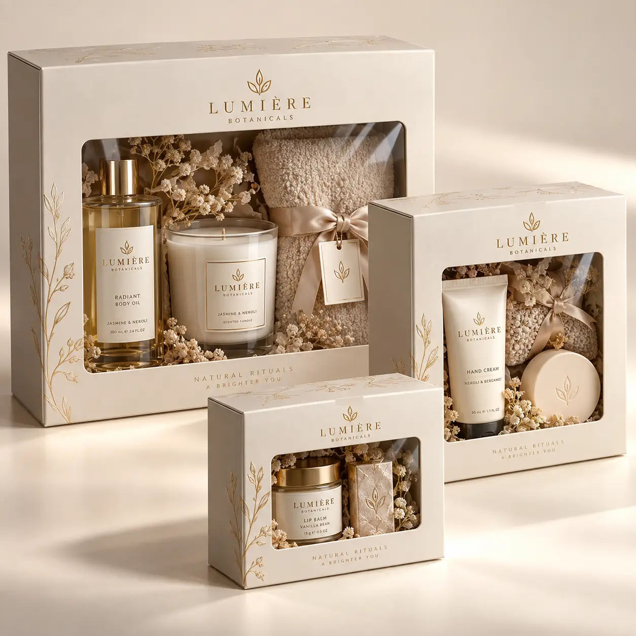 Lumière Botanicals luxury gift set packaging in ivory and gold, featuring body oil, candle, hand cream, and lip balm boxes